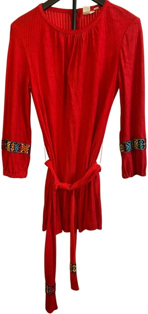 VTG Beeline Red Ribbed Knit Mini Dress 60s 70s Mod Embroidered Cuffs 14 Large
